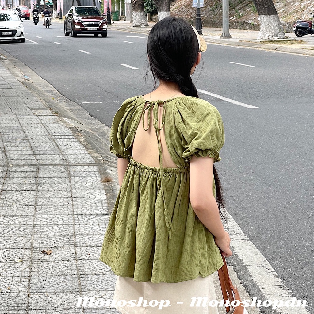Áo babydoll bo chun tay phồng cột nơ sau hở lưng Ảnh thật/ sẵn