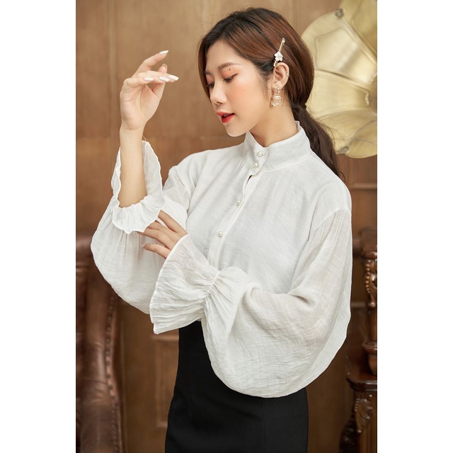 Áo sơ mi nữ màu trắng cổ cao dáng suông form rộng tay bồng bèo tiểu thư công sở học sinh đẹp giá rẻ freesize