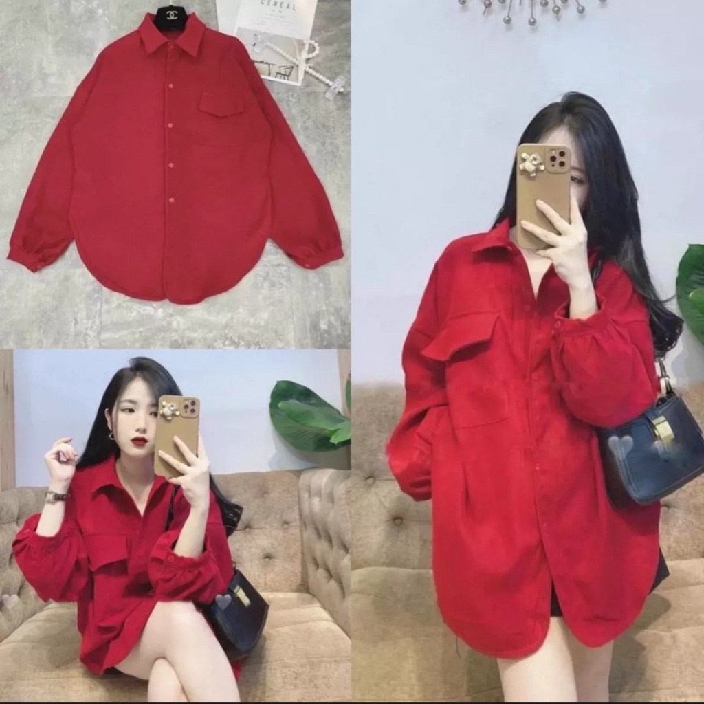 (ẢNH THẬT) Áo sơ mi nhung tăm màu đỏ túi hộp from rộng tay