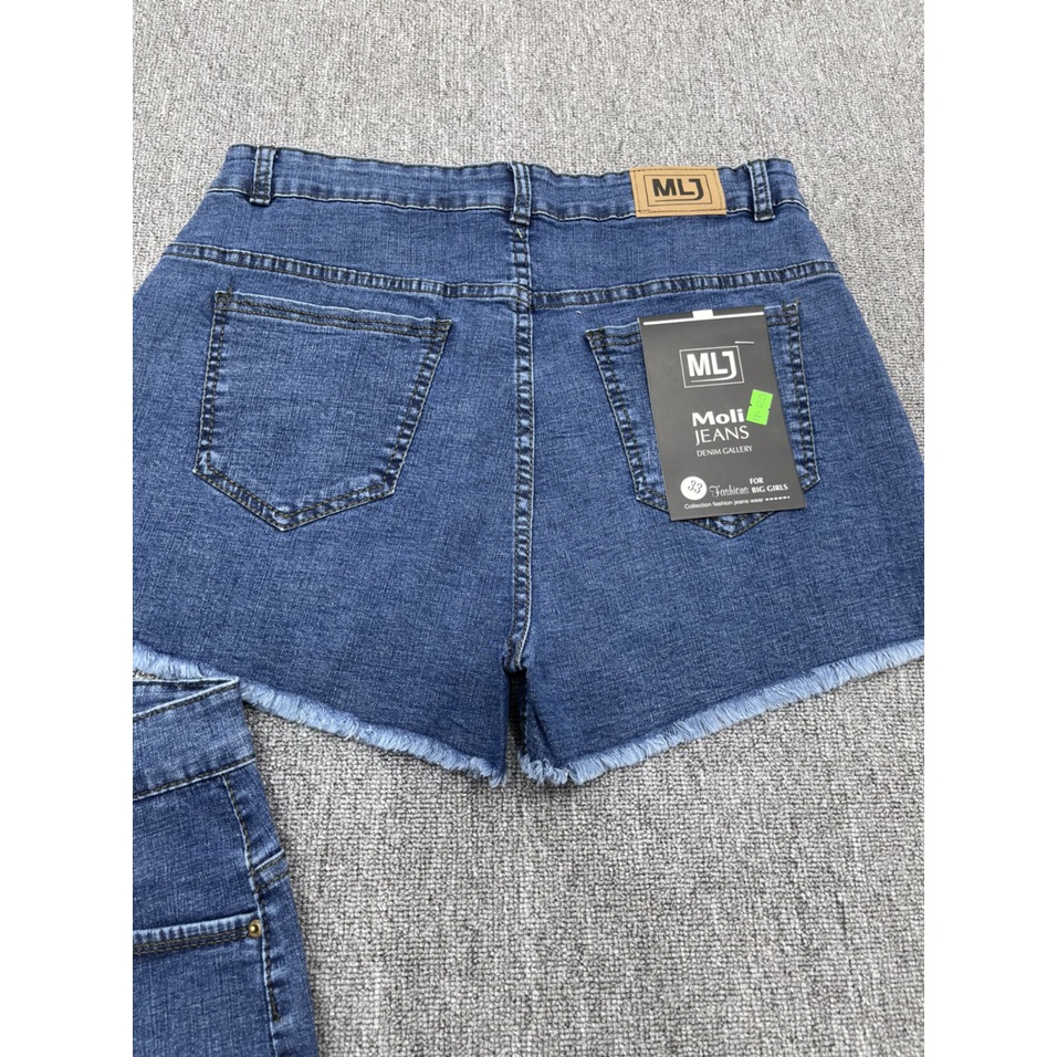 Quần short jean nữ BigSize lưng cao trên rốn, co dãn mạnh, tua lai, màu xanh đậm trơn kiểu dành cho người mập 4225 MLJ