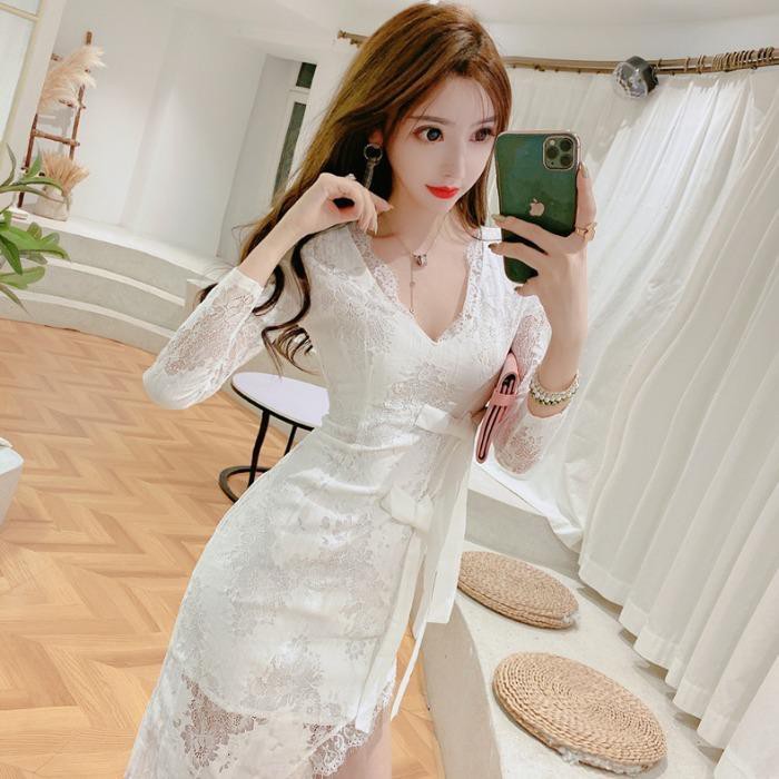 trang phụcIrregular skirt girl vogue of new fund 2020 autumn fashion v-neck lace bowknot cultivate one s morality show thin long-sleeved dress