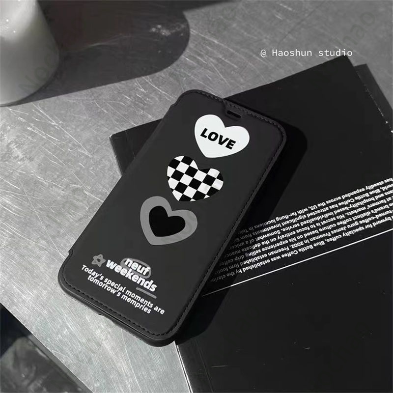 Bao Da Điện Thoại Nắp Lật Họa Tiết Kẻ Sọc / Trái Tim Có Dây Đeo Tay Cho iPhone13 13pro max12 8plus
