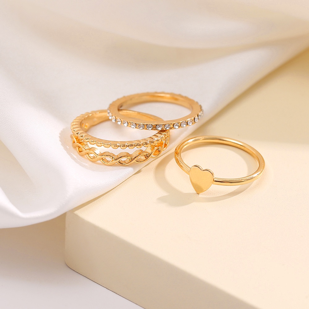 Set 3 Nhẫn Mạ Vàng Hình Trái Tim Đính Đá Phong Cách Retro
