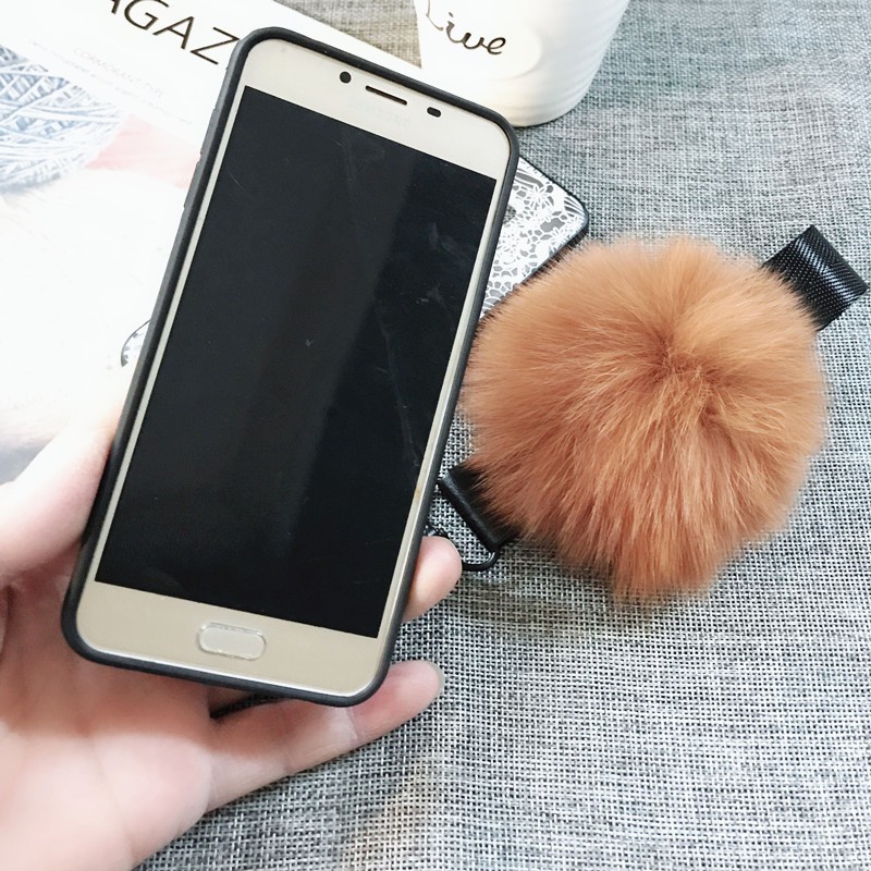 Ốp lưng Samsung bảo vệ toàn diện in hình gấu dễ thương có dây cầm phối bóng lông cho J3/J5/J7 Pro