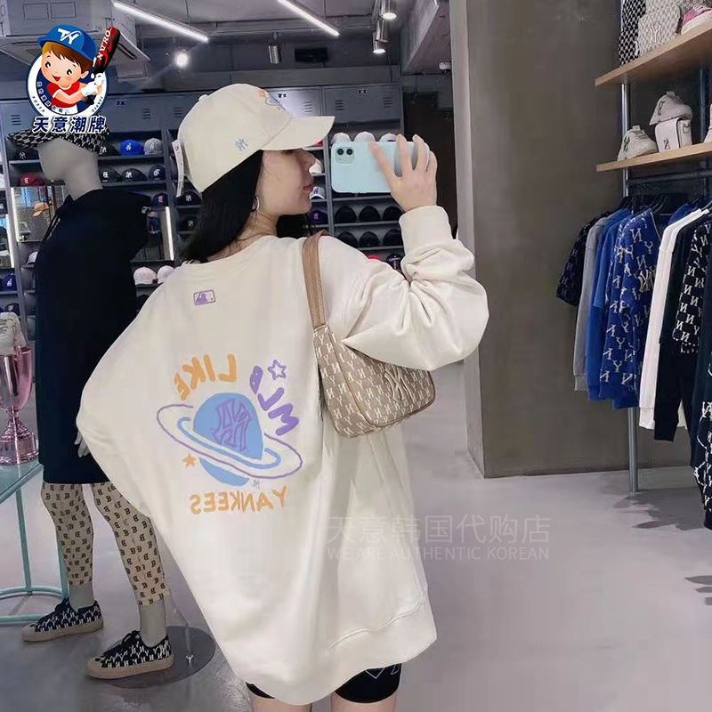 MLB Áo nỉ tay dài in hình hành tinh phong cách Hàn Quốc mới cho nam nữ