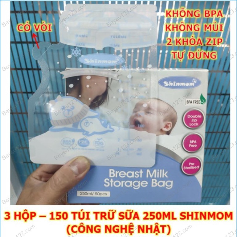 3 Hộp - 150 Túi trữ sữa mẹ 250ml SHINMOM S50V (Công nghệ Nhật)