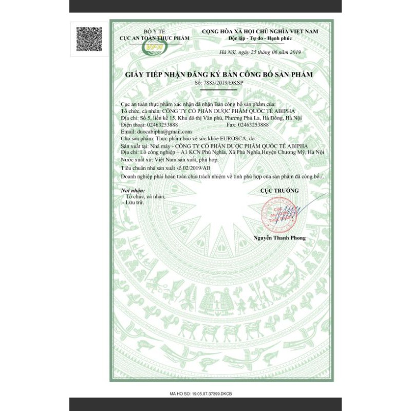 Eurosca, Eurosca Fort abipha Giảm ho, thông thoáng mũi, giảm các triệu chứng cảm lạnh, sổ mũi, đau họng