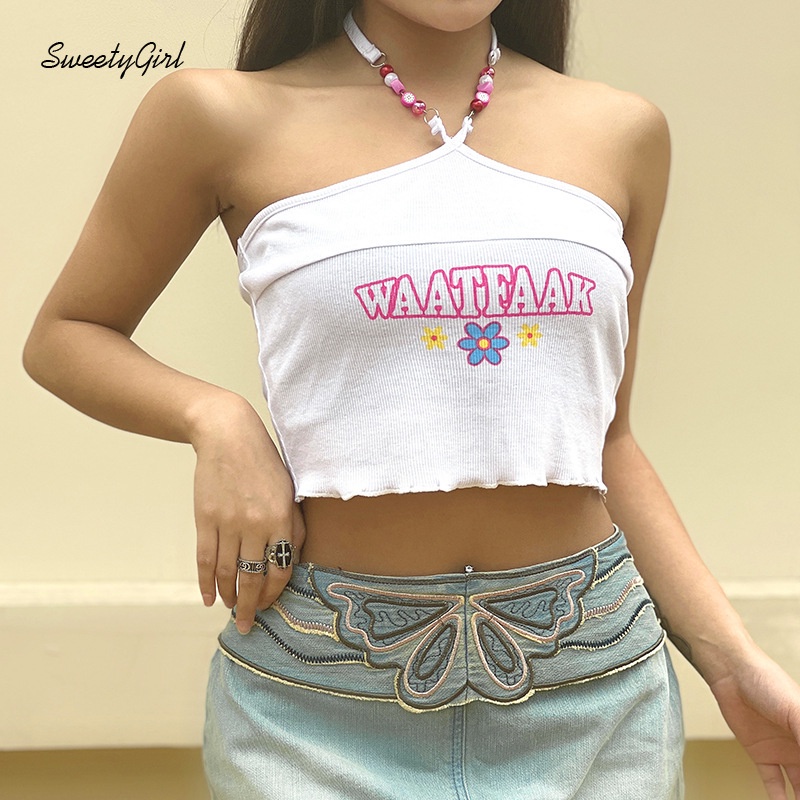 Áo Hai Dây Đính Hạt In Chữ Hoạt Hình Hở Vai Thời Trang Cho Nữ