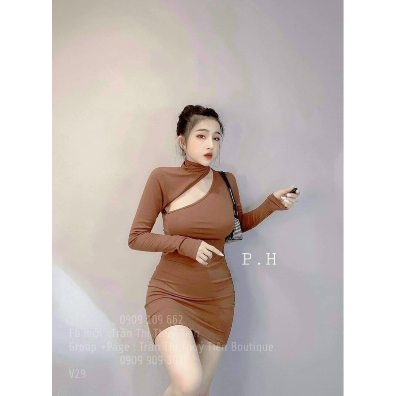 váy len body tay dài khoét xẻ sexy quyến rũ