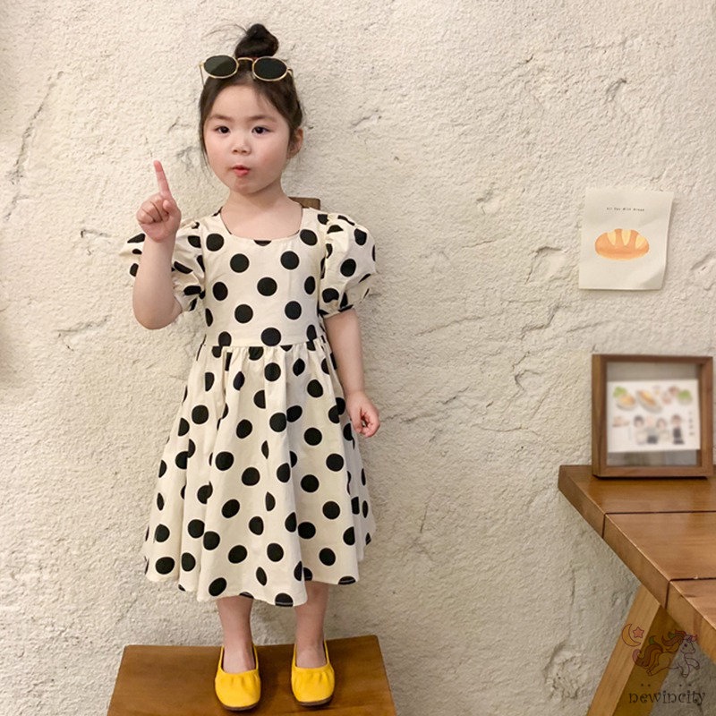 Đầm Tay Phồng Họa Tiết Chấm Bi Phong Cách Hàn Quốc Cho Bé Gái