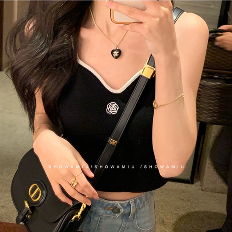 QADCOL Áo Hai Dây Dệt Kim Thêu Hoa Trà Xinh Xắn Cho Nữ