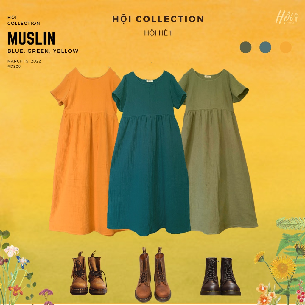 Váy Babydoll Muslin Vintage Tay Ngắn Vui Thu Đông Nhẹ Nhàng