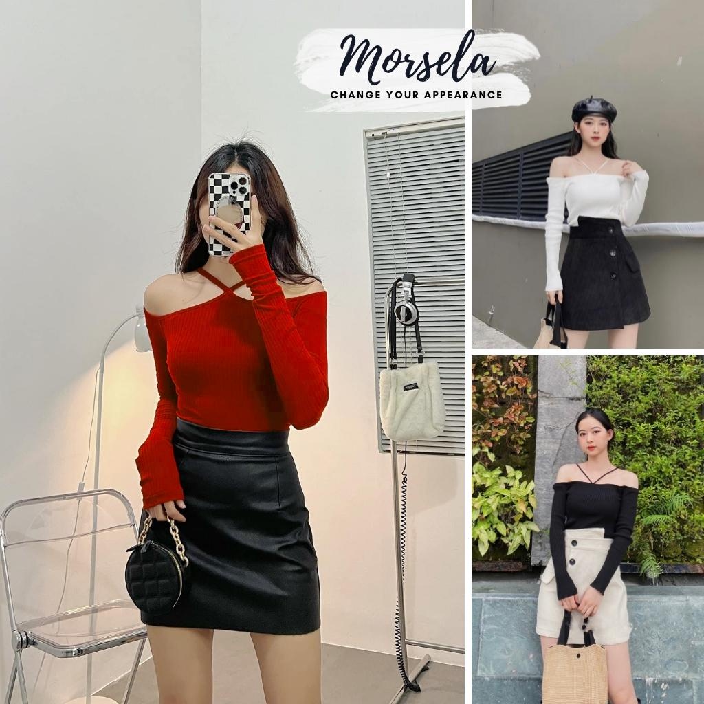 Áo croptop nữ ôm body dài tay trễ vai cột dây cổ yếm - Morsela