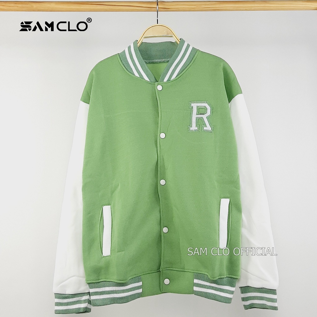 ÁO KHOÁC BOMBER nữ SAM CLO chất nỉ phong cách bóng chày cài nút form rộng unisex mặc cặp - couple LOGO thêu chữ R