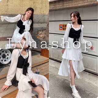 Set váy nữ🍉set yếm đen xẻ chân có tầng gồm váy xẻ tà trắng tiểu thư, sang chảnh và yếm 2 dây đen mix siêu xinh 🍉