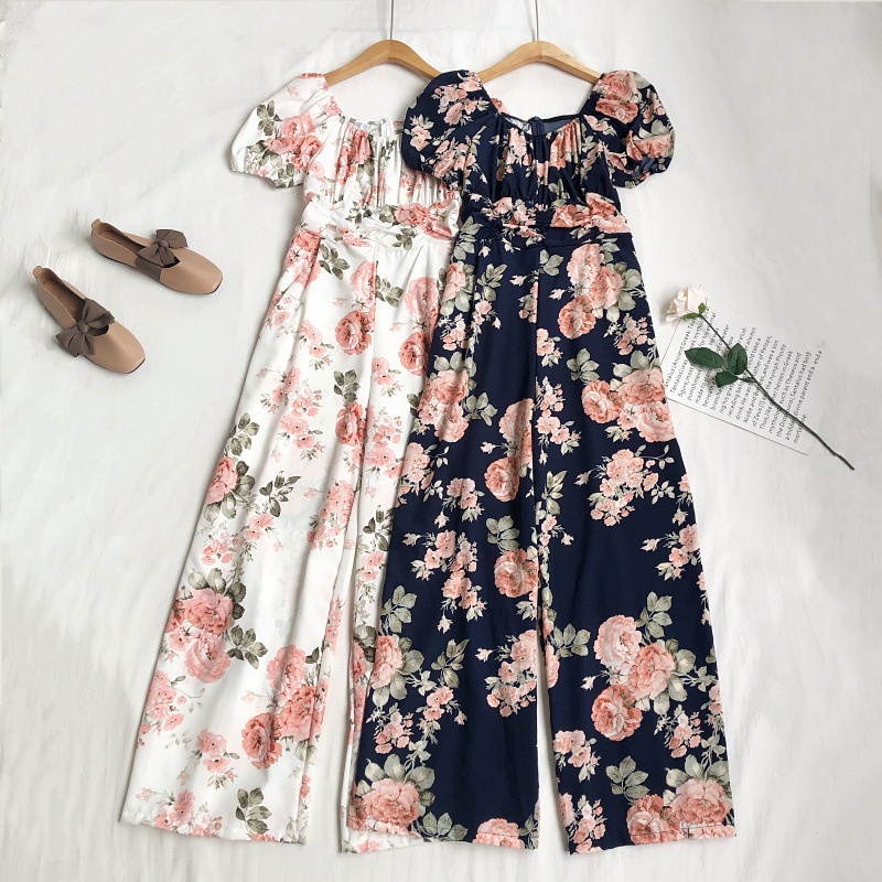 Bộ Áo Liền Quần Tay Ngắn Phồng In Hoa Kiểu Boho Cổ Điển Dễ Thương Cho Nữ