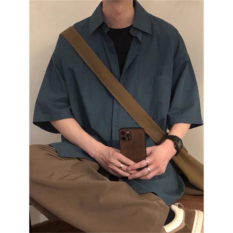 Cổ điển Đơn giản Đơn giản Hàn Quốc Nam giới áo thun tay ngắn Simple Fashion bigsize nhung lê áo sơ mi nam ngắn taySọc lụa bông áo sơ mi nam form rộng