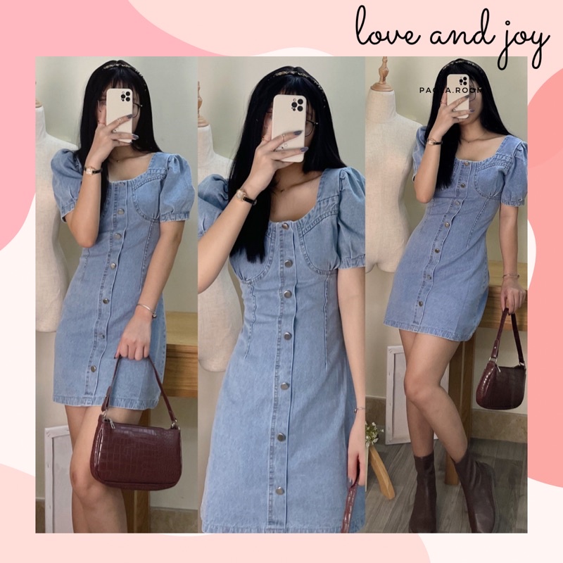 June Dress_Váy jeans dài trên gối tay phồng cổ vuông Hàn Quốc_Ảnh thật có video shop tự chụp