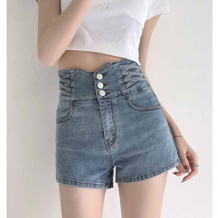 Porozi  Quần Short Jean Nữ Lưng Cao Thời Trang Hàn Quốc