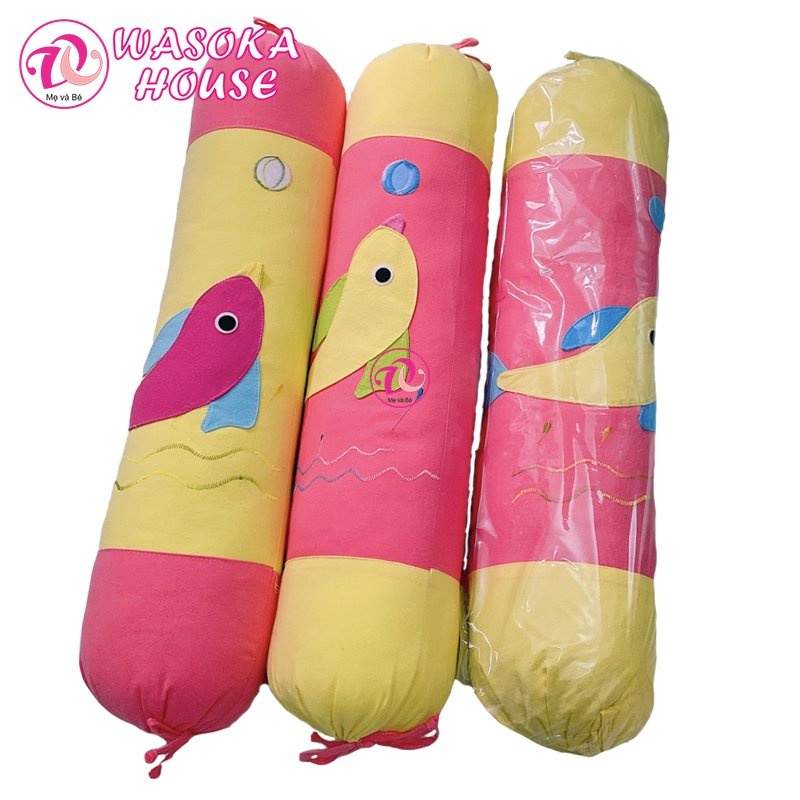 Gối ôm cho bé dài 70cm, vải cotton cara mềm mại thoáng mát, họa tiết đắp hình cá đáng yêu, phù hợp cho bé từ 1 tuổi