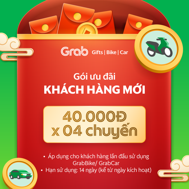 Người mới [E-Voucher] Gói ưu đãi 40k x 4 chuyến xe GrabBike, GrabCar đầu tiên