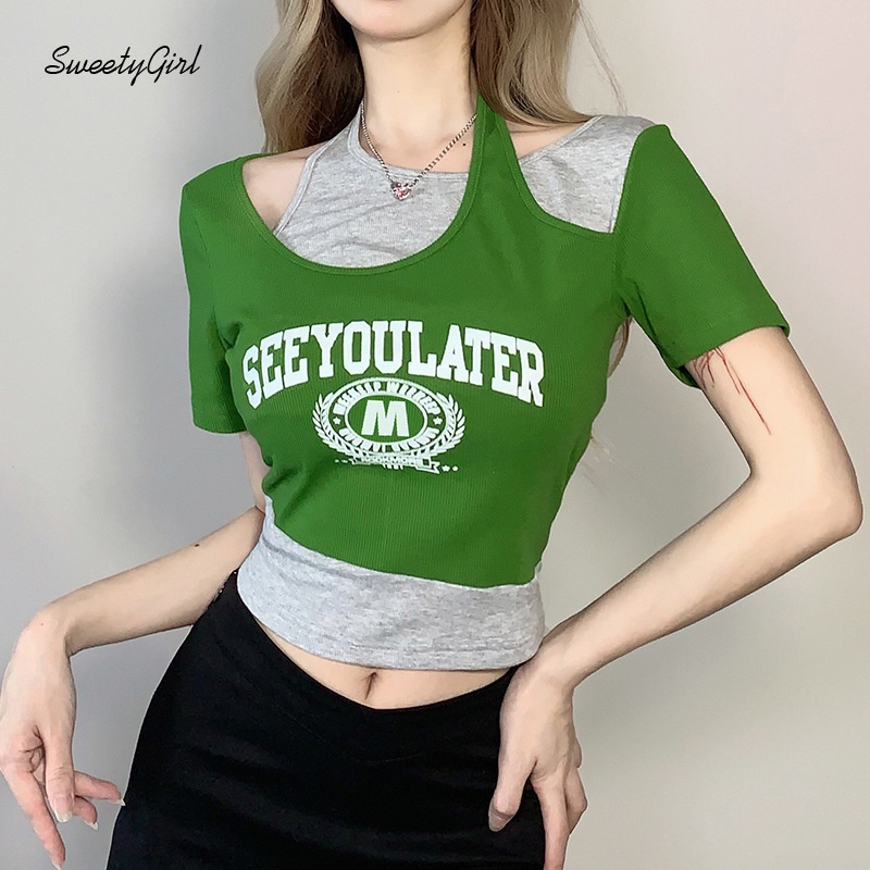 Áo Thun Thể Thao Tay Ngắn Cổ Tròn In Chữ Màu Sắc Tương Phản Thời Trang Cho Nữ 2022