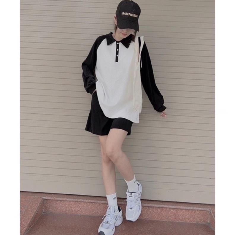 [Xa Kho] [Xa kho] Set Polo Nữ Form Rộng Phối Raplang , Bộ Thể Thao Tay Dài Áo Cổ Đức Tay Dài Kèm Quần Short Năng Động