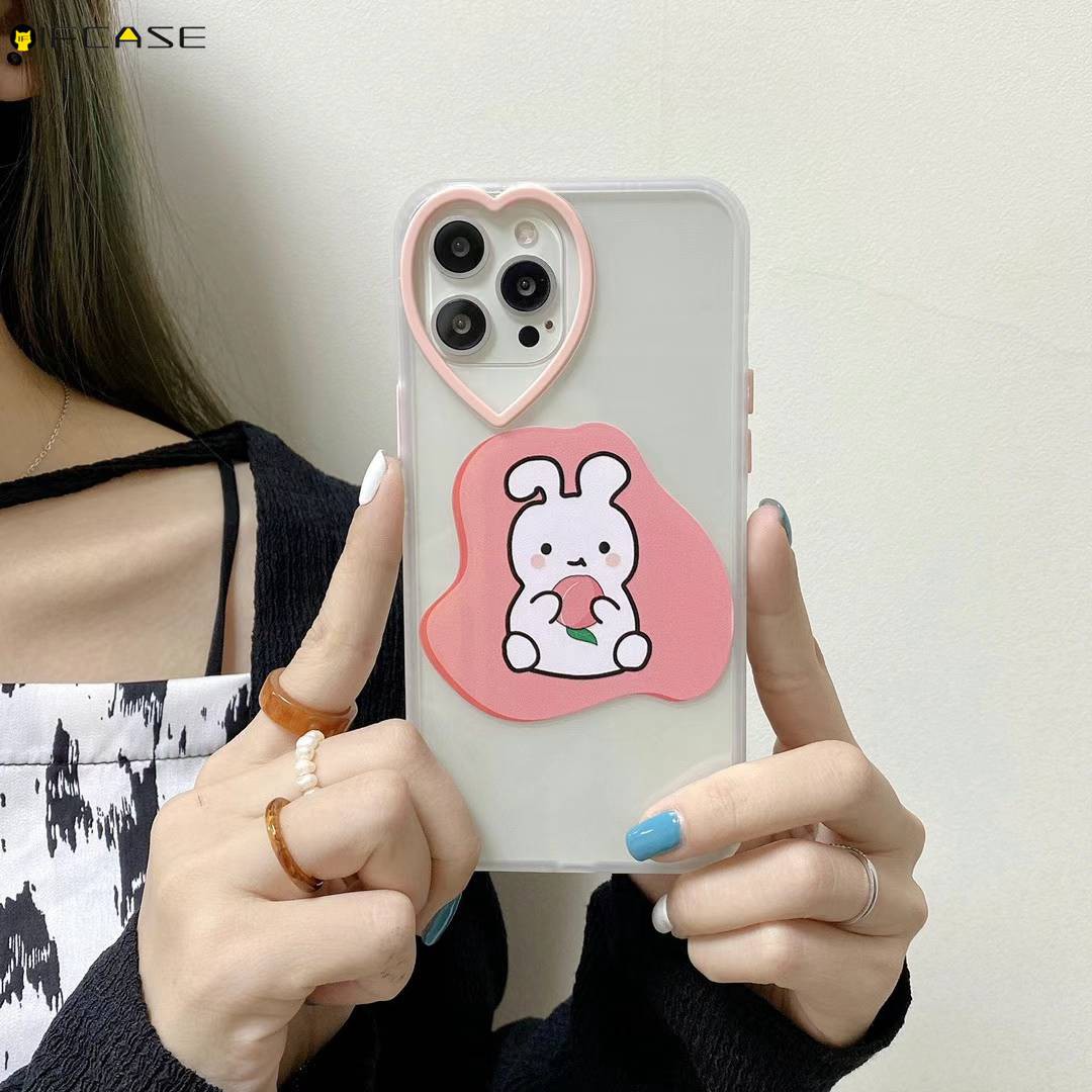 iPhone 12 11 Pro Max XS Max XR XS X 7 8 Plus Phone Case Love Loving Heart Camera Lens Hole Transparent Clear Cute Strawberry Peach Rabbit Bear Simple Soft TPU Casing Case Cover