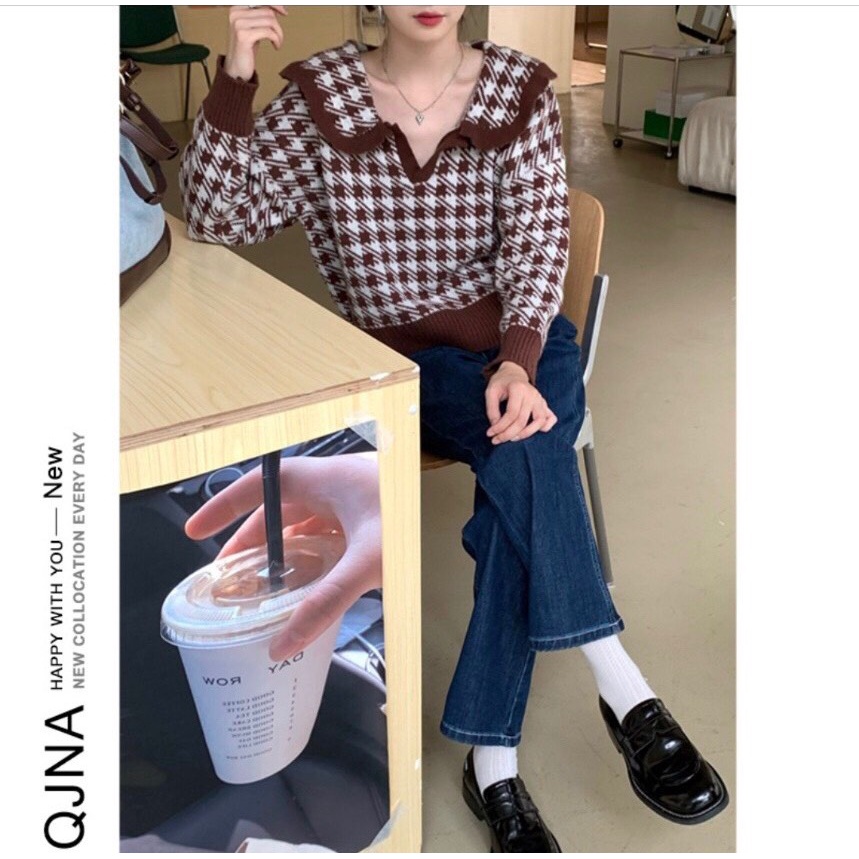 Áo Len Nữ Tay Dài Cổ Búp Bê Họa Tiết Caro Phong Cách Hàn Quốc Cổ Điển Cho Nữ HAVIVI SHOP | BigBuy360 - bigbuy360.vn