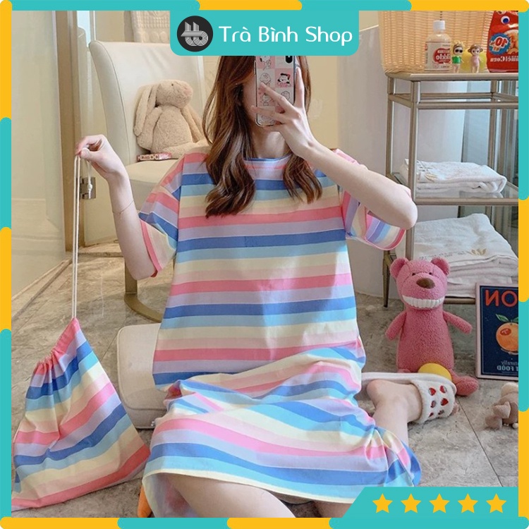 Đầm ngủ cộc tay dáng suông chất cotton Váy ngủ mềm mát họa tiết hoạt hình dễ thương