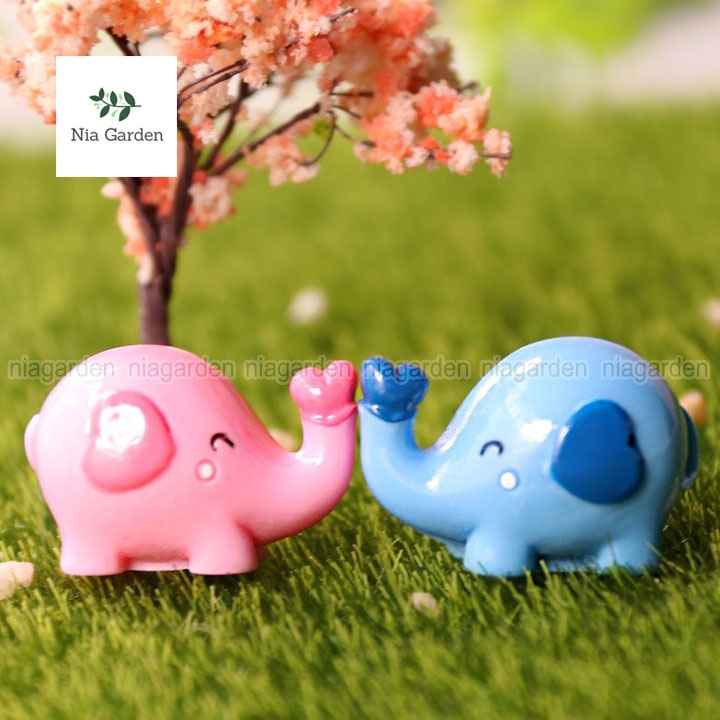 Trang trí tiểu cảnh chậu cây vườn mini mô hình chú voi hồng xanh Nia Garden N5