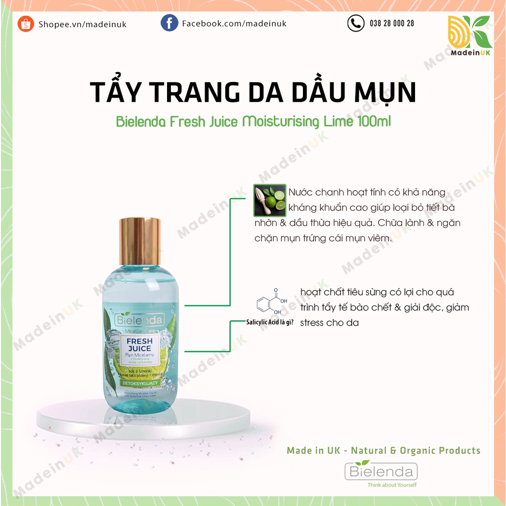 Tẩy Trang Bielenda Fresh Juice Làm Sạch & Sáng Da Cho Da Mụn/ Da dầu