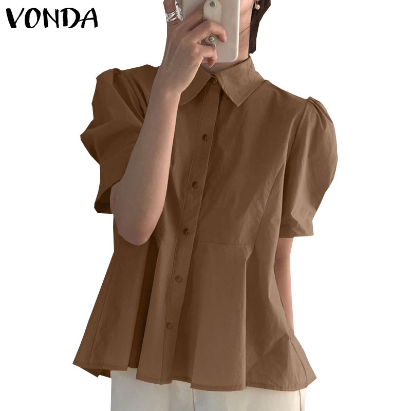Áo sơ mi VONDA tay ngắn màu trơn cài nút phong cách Hàn Quốc thời trang cho nữ