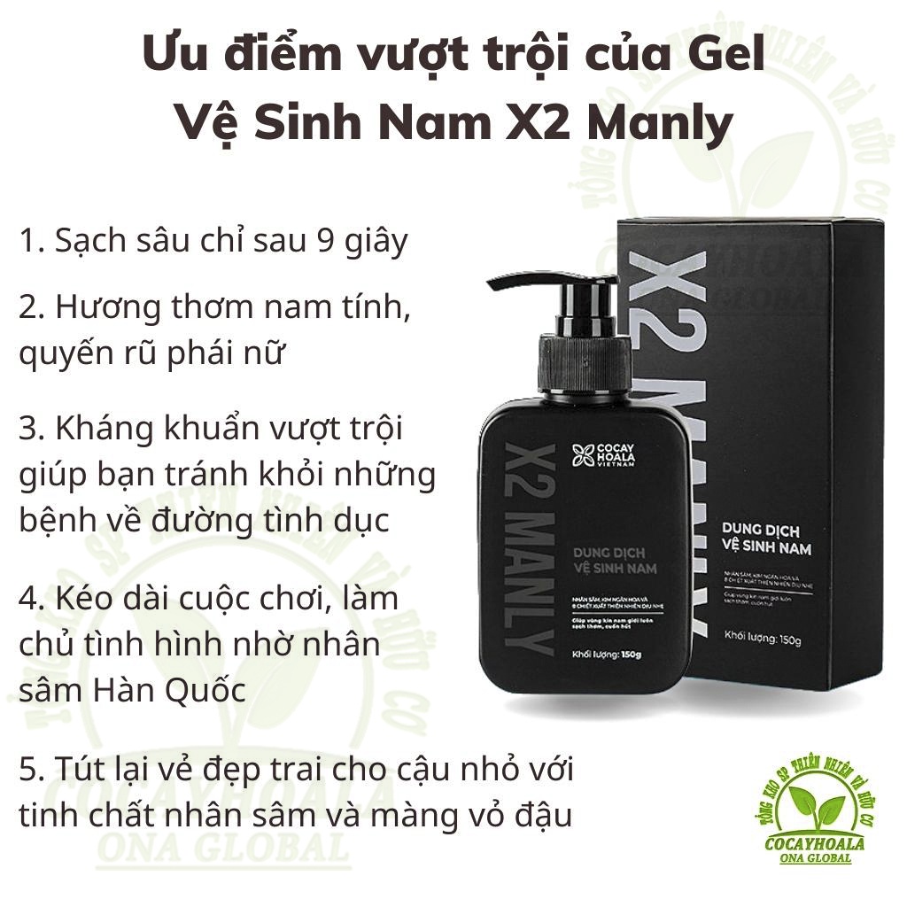 Gel Vệ Sinh Nam X2 Manly Cocayhoala Dung dịch vệ sinh nam cỏ cây hoa lá Làm sạch Giúp trẻ hóa cậu nhỏ chai 150g