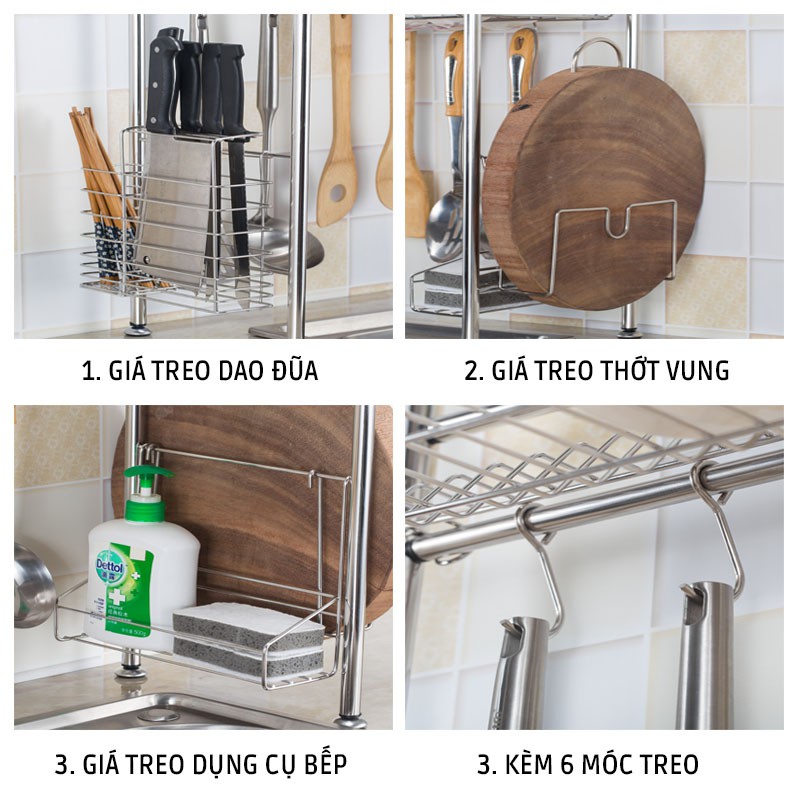 Giá kệ chén đĩa INOX chống gỉ hơn 10 năm kệ bát róc nước bồn rửa tiện lợi 1,2 tầng cao cấp Vando