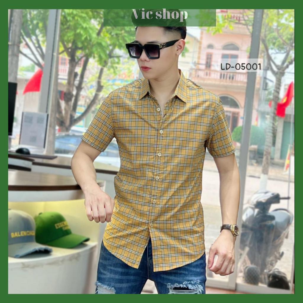 Aó sơ mi nam tay cọc cao cấp 3SMC201 quảng châu, thấm hút mồ hôi tốt, họa tiết kẻ, dáng body, không xù