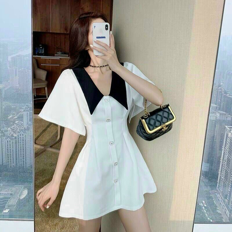 [ Miễn Phí Ship 2022 ] Đầm kiểu cổ cánh bướm phối cúc, đầm nữ kate kiểu dáng Hàn Quốc