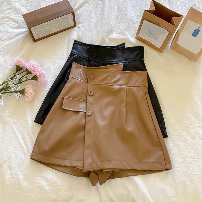 Chân váy da cạp chéo quần giả váy vạt chéo 3 cúc màu da có khóa kéo sau lưng THANH LÝ