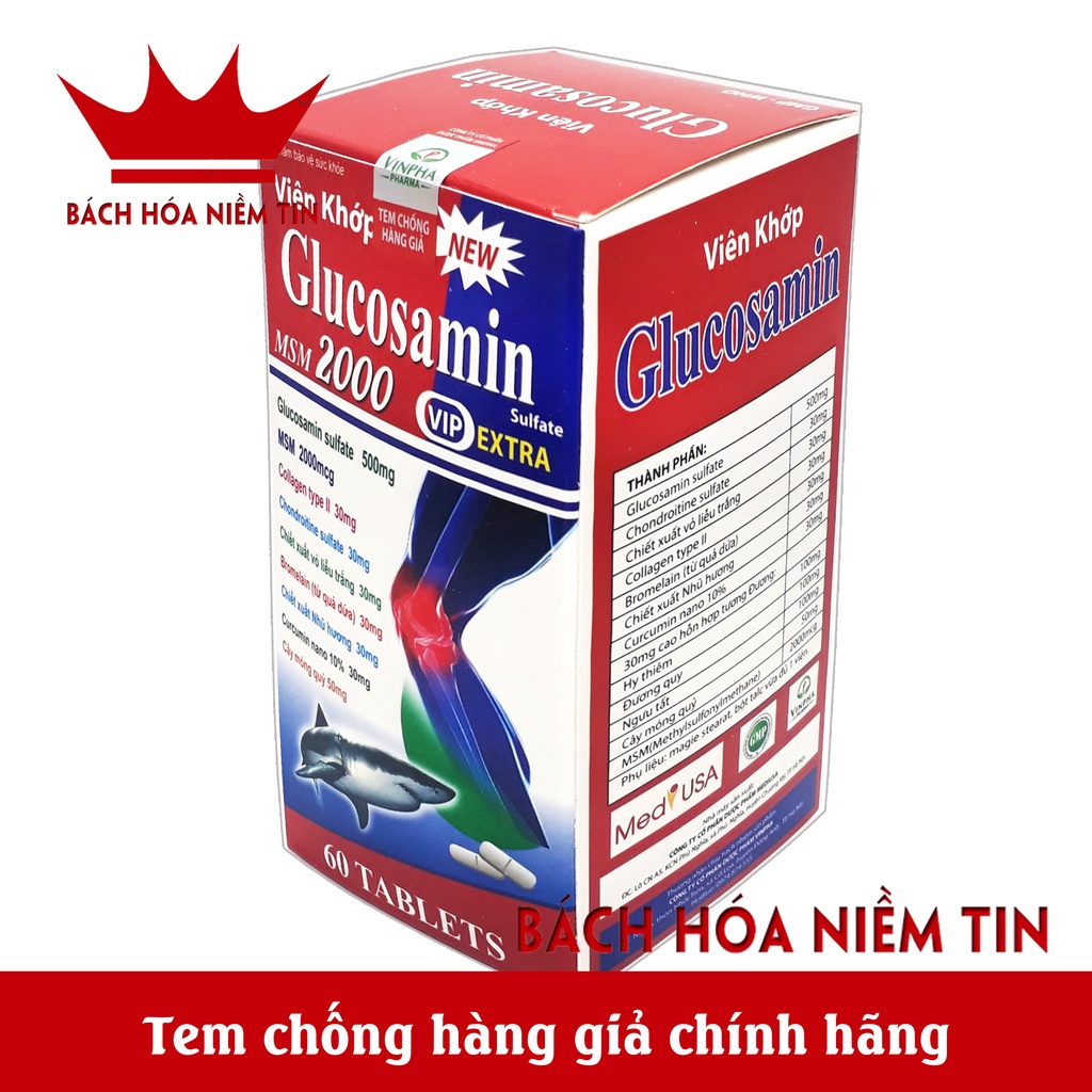 Viên bổ Khớp Glucosamin MSM 2000 Tăng Cường Dịch Khớp Giúp Khớp Cử Động Linh Hoạt giảm thoái hóa đau nhức xương khớp