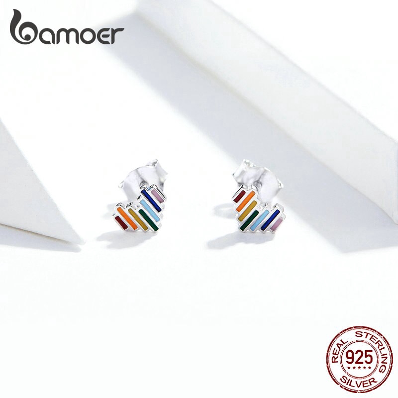 Hoa tai đinh tán BAMOER SCE787 bằng bạc men hình trái tim màu cầu vồng tối giản cho nữ