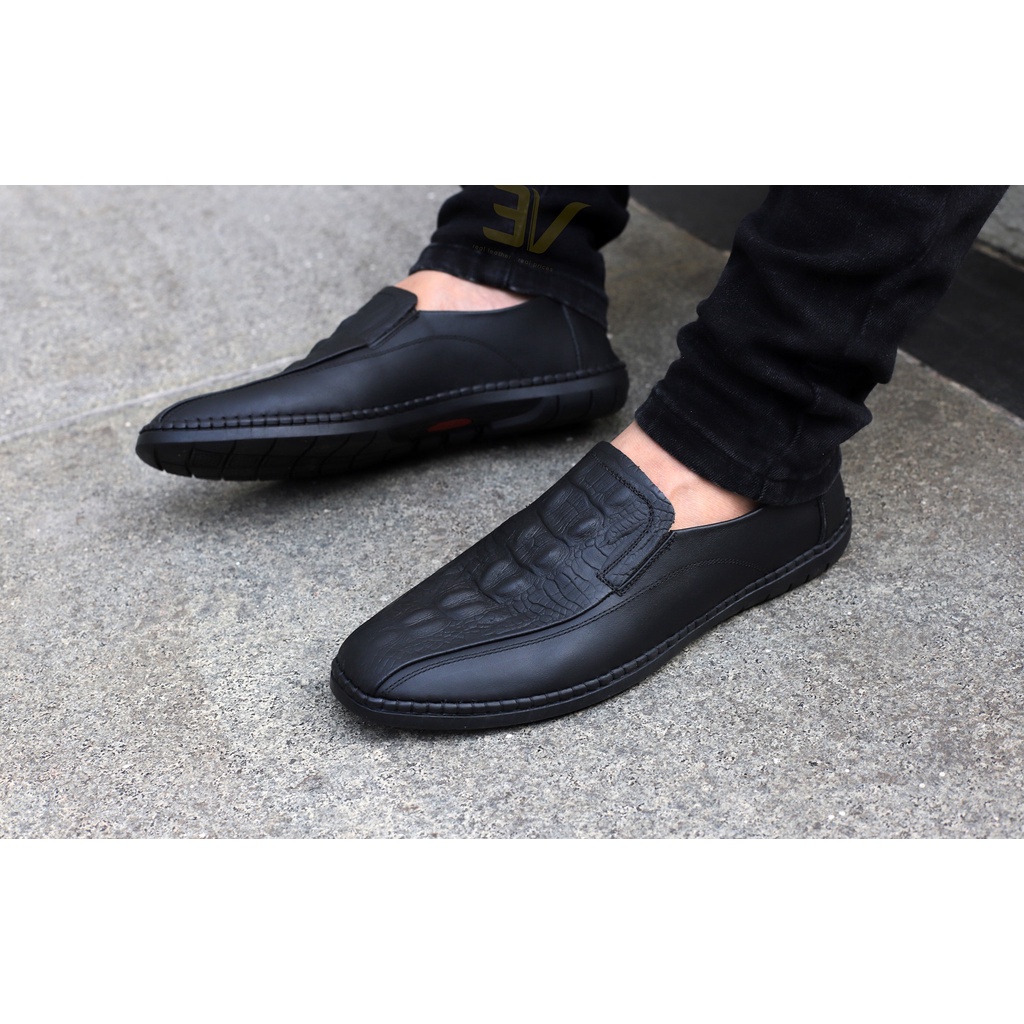 Giày lười nam da bò, giày thiết kế da vân cá sấu thời thượng