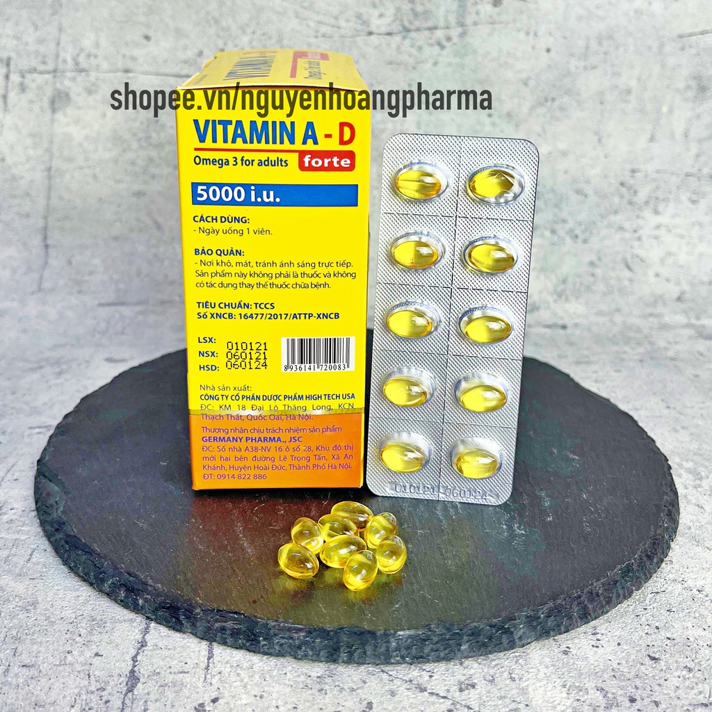 Viên uống Vitamin AD, Omega 3 bổ sung vitamin giảm nguy cơ khô mắt, mỏi mắt, còi xương, hỗ trợ đẹp da, Hộp 100 Viê