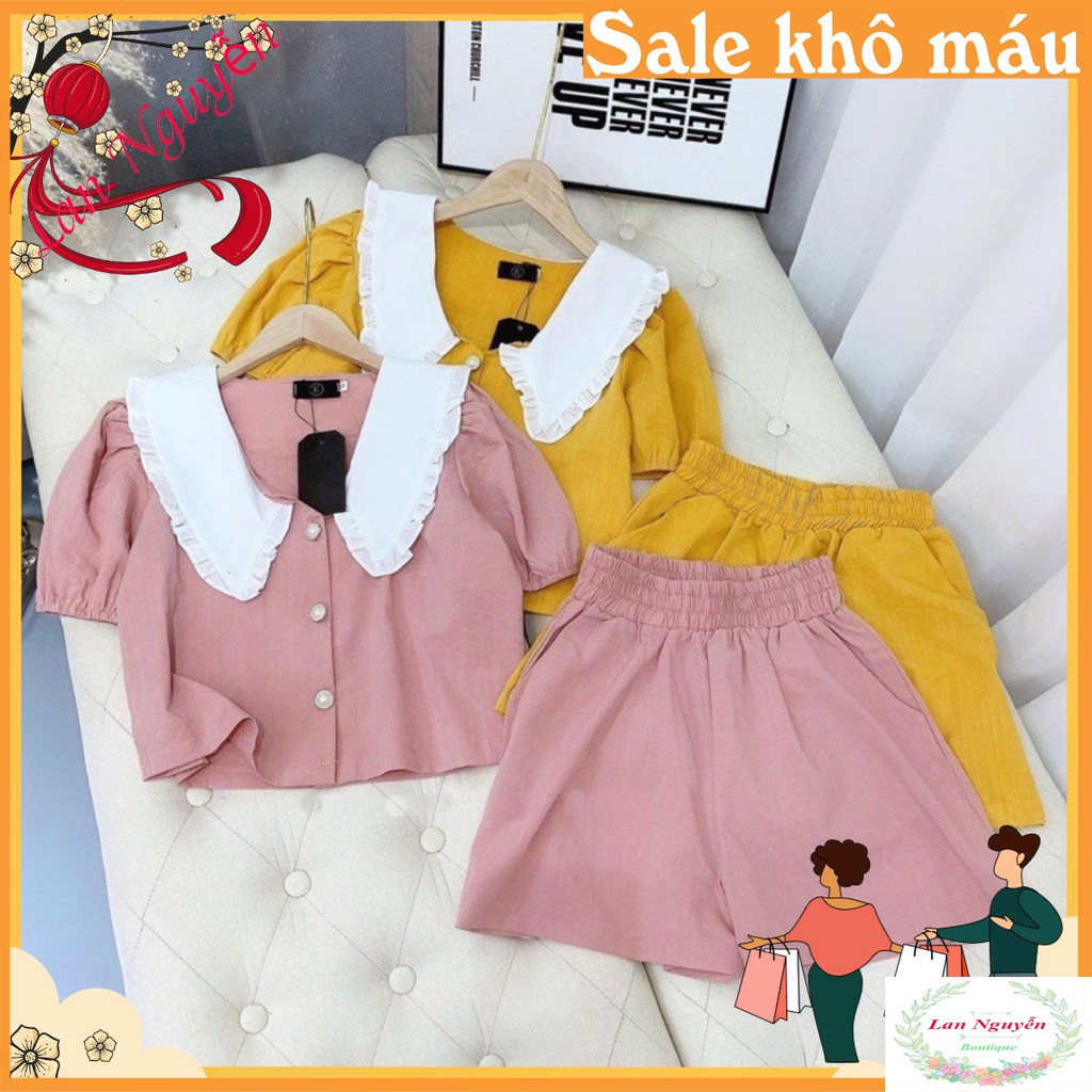 BÁN SỈ Bộ đũi 2 màu cổ trắng cho nữ