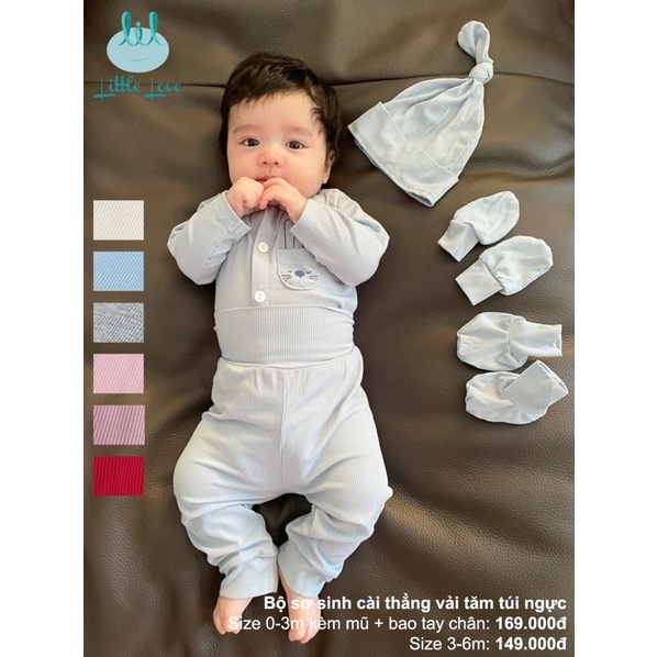 Bộ sơ sinh cài thẳng túi thỏ Little Love chất thun tăm mềm mại (tặng phụ kiện mũ và bao tay chân cho size 0-3m)