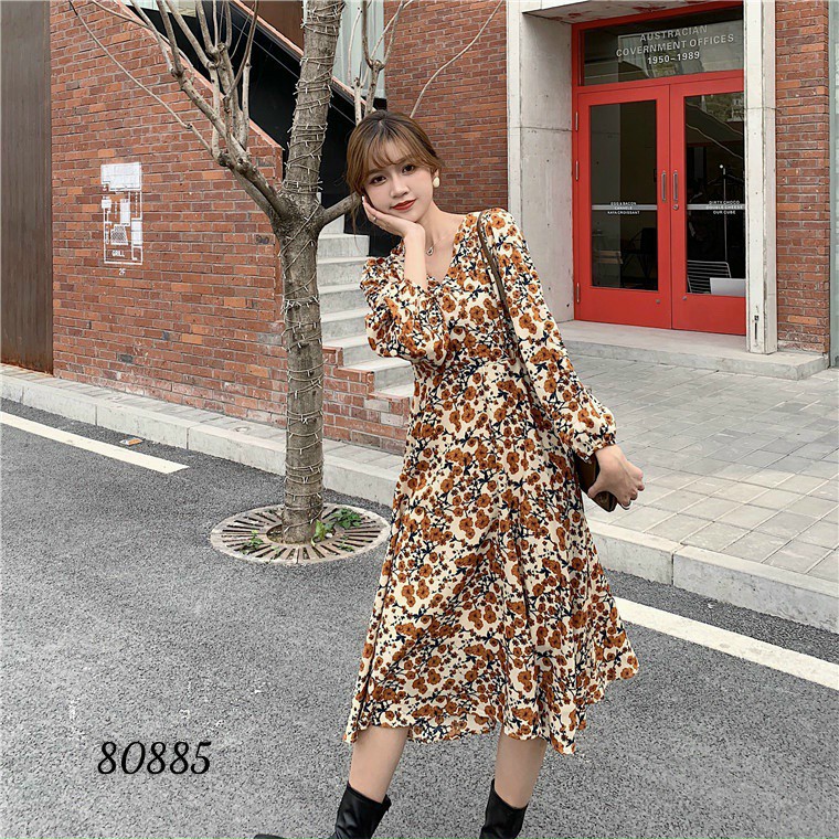 Váy nữ - Freeship - váy xòe dài hoa nâu nữ tính có đủ size từ 40-71kg bigsize