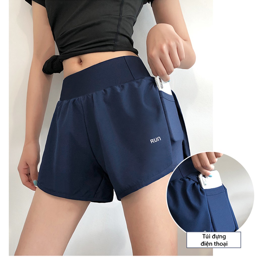 Quần đùi tập gym yoga chạy bộ 2 lớp có túi đựng điện thoại AMIN AM036 quần short nữ vải mát