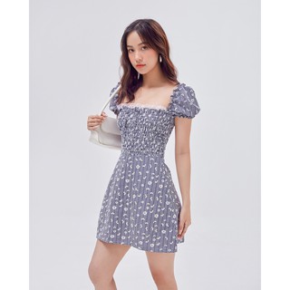 Đầm chữ A SheByShj tay bồng hoạ tiết hoa cúc màu xanh dương - Julia Dress