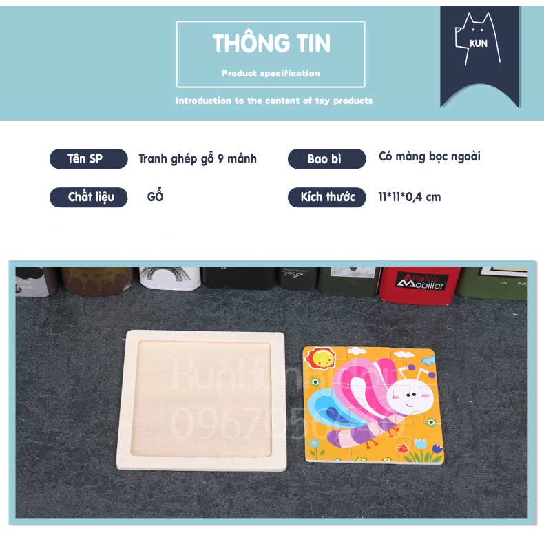Đồ chơi bộ tranh xếp hình, tranh ghép hình gỗ 9 mảnh cho bé size 11x11cm