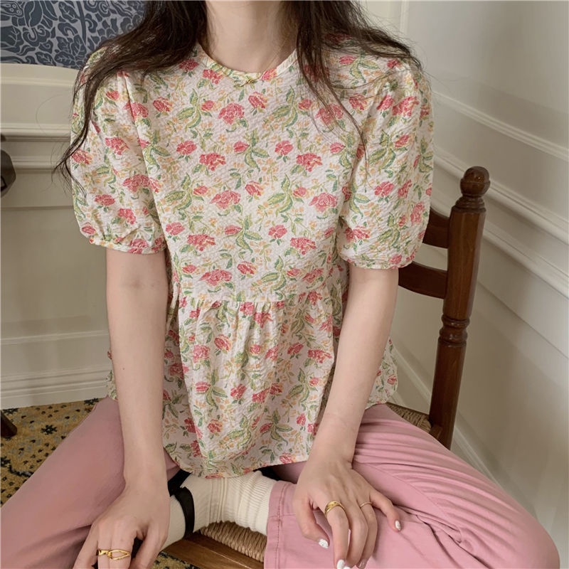 Salty Áo Sơ Mi Ngắn Tay Phồng Ngọt Ngào Giảm Tuổi Hình Hoa Cho Nữ