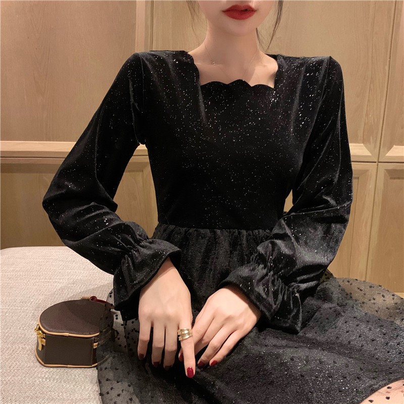 Đầm đen tay dài cổ vuông bling bling phối váy lưới 2 mảnh ulzzang